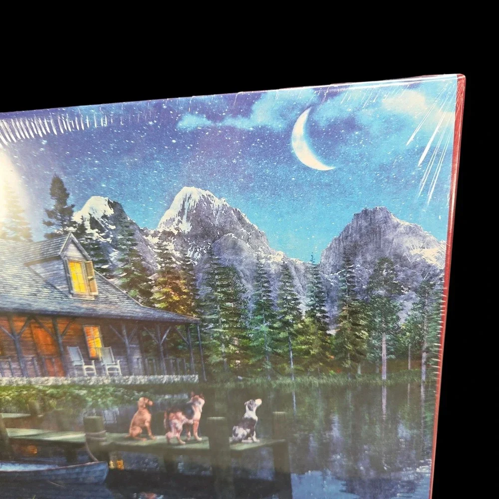 Springbok Moonlit Night 1000 Piece Puzzle 24 x 30 Dogs Cabin Lake Mountains New